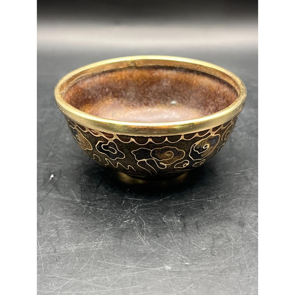 Vtg Brown Chinese Cloisonne Enamel Salt Pepper Pot Cellar Bowl 3" Diam. Gold Rim